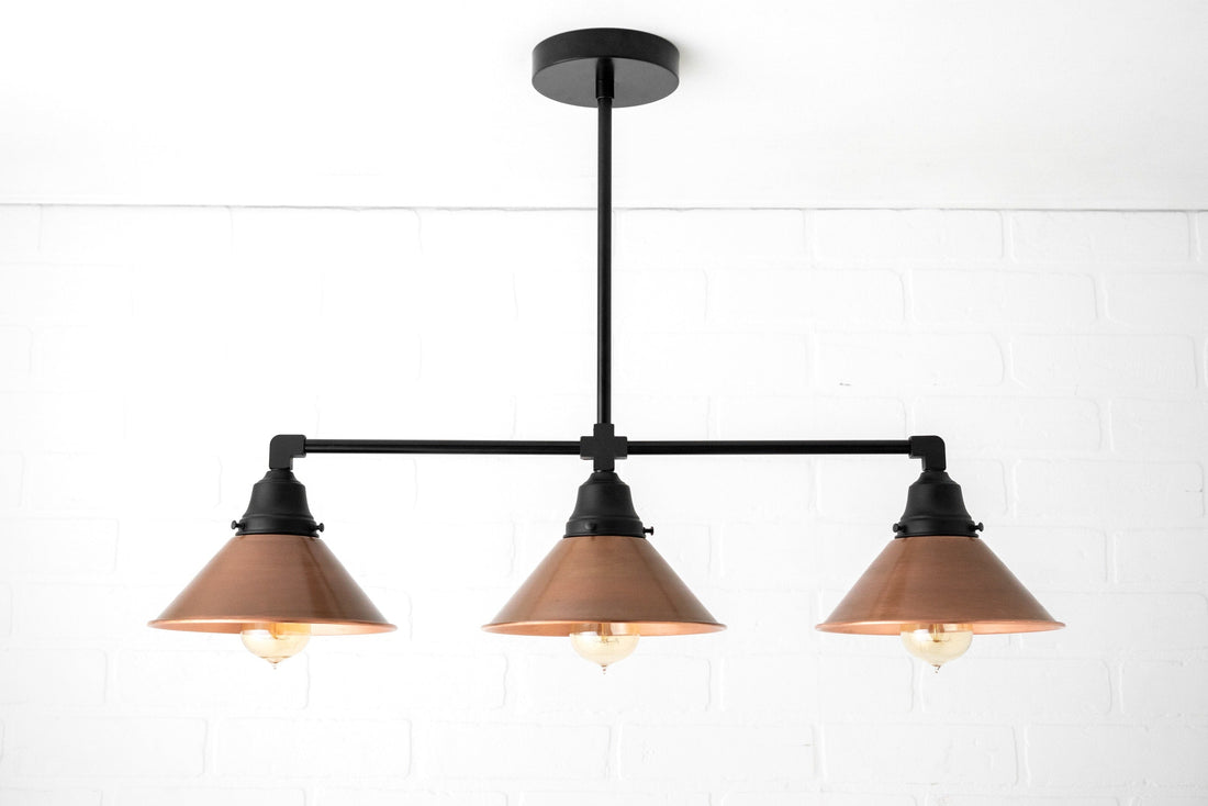 Conique Metal Hand-Aged Copper Chandelier - 3 Light Industrial Pendant - Island Lighting