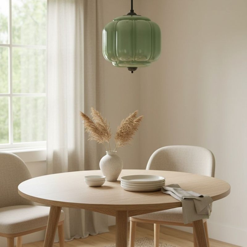 Suspension vintage Eloise – Lampe en verre laiteux côtelé pour salle à manger