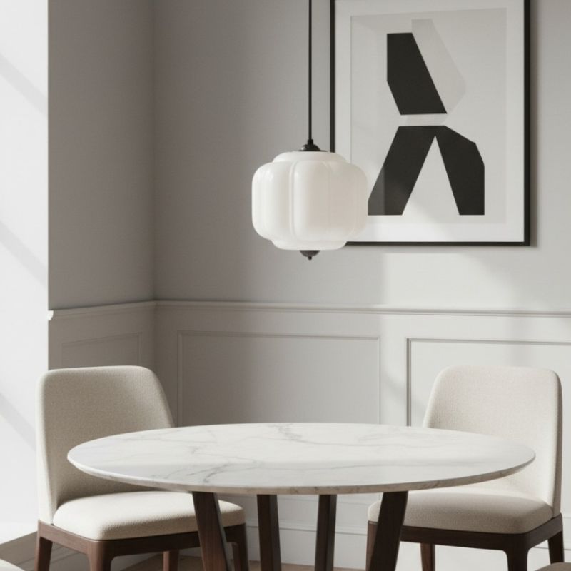 Suspension vintage Eloise – Lampe en verre laiteux côtelé pour salle à manger