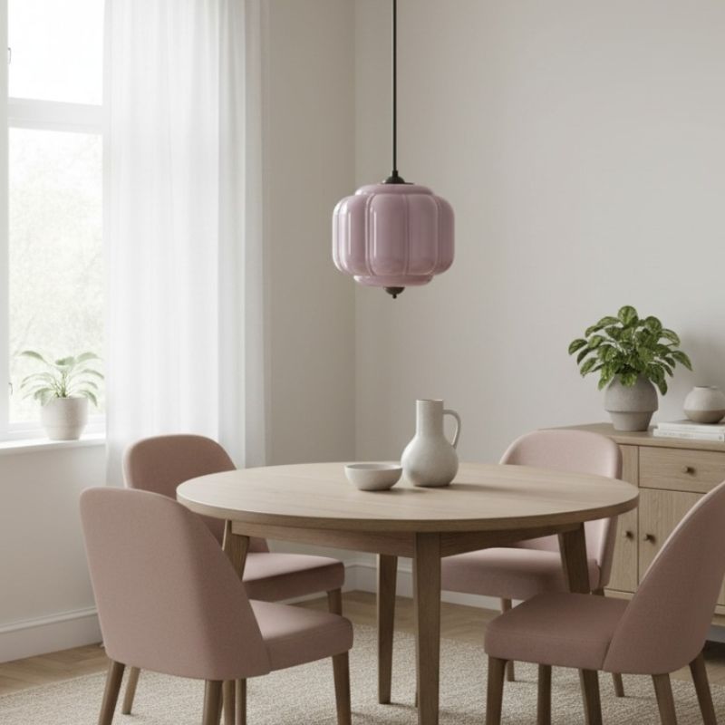 Suspension vintage Eloise – Lampe en verre laiteux côtelé pour salle à manger