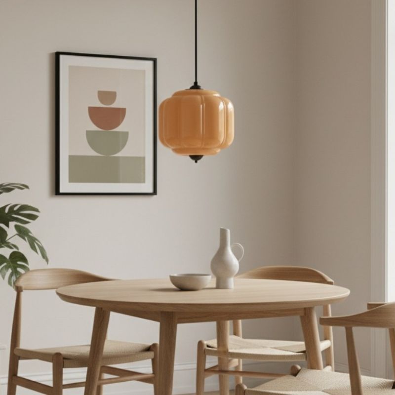 Suspension vintage Eloise – Lampe en verre laiteux côtelé pour salle à manger