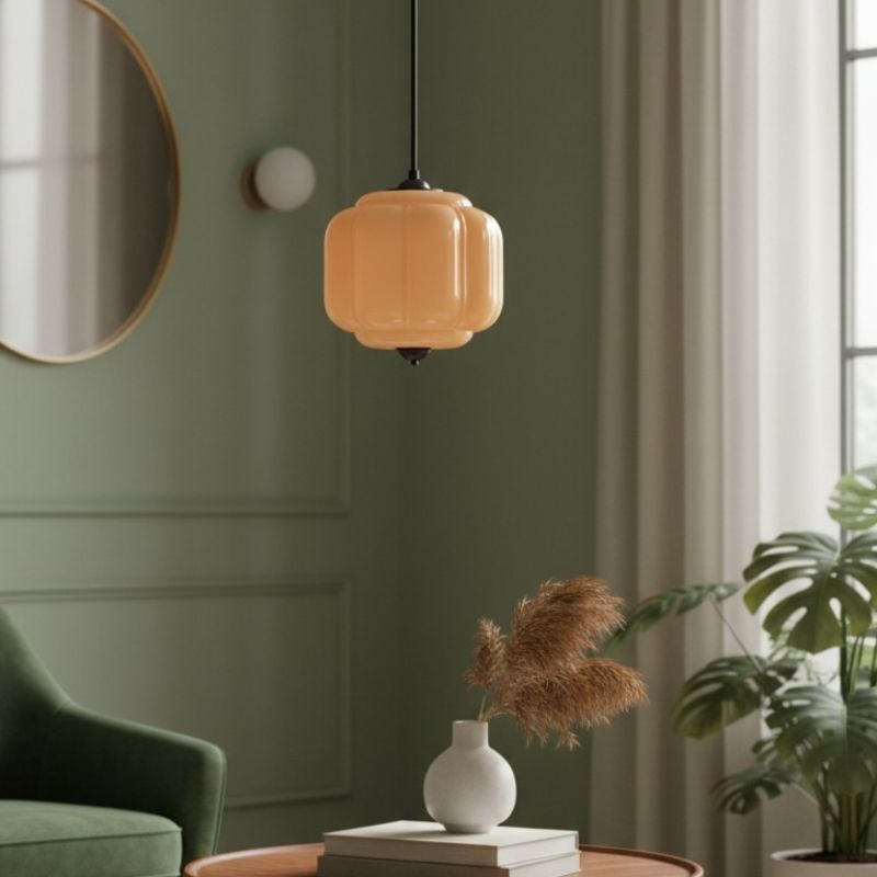 Suspension vintage Eloise – Lampe en verre laiteux côtelé pour salle à manger