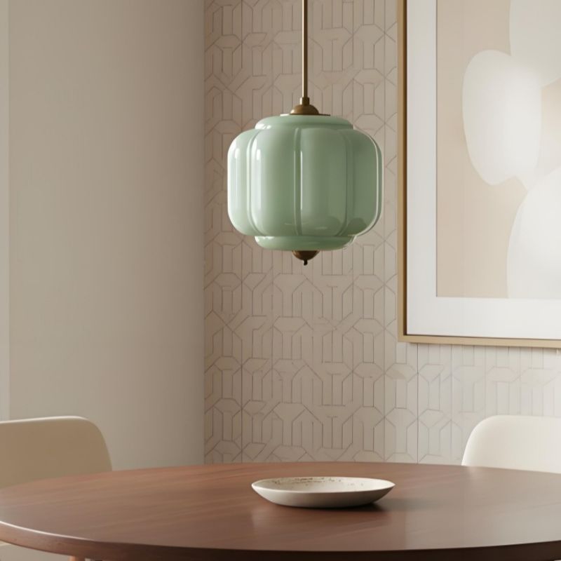 Suspension vintage Eloise – Lampe en verre laiteux côtelé pour salle à manger