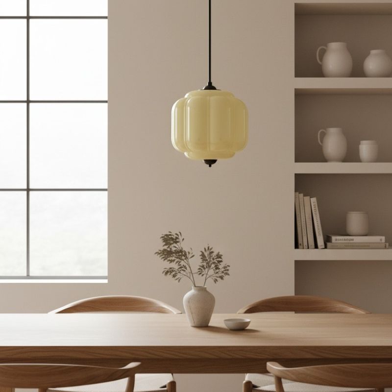 Suspension vintage Eloise – Lampe en verre laiteux côtelé pour salle à manger