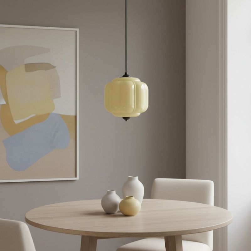 Suspension vintage Eloise – Lampe en verre laiteux côtelé pour salle à manger