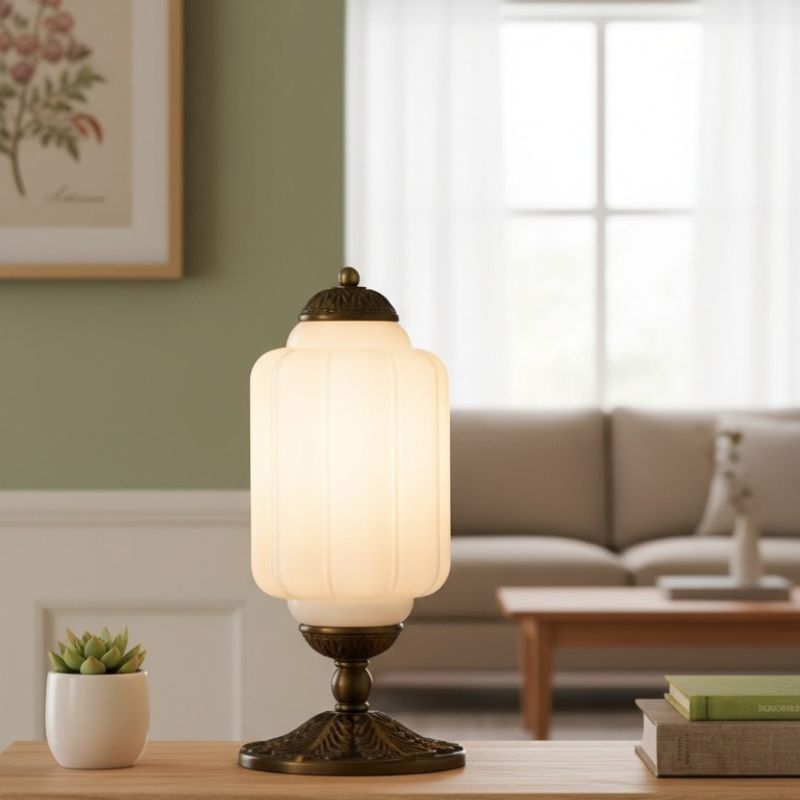 Lampe de table vintage Eloise en verre laiteux – Lampe de bureau LED en métal pour chambre