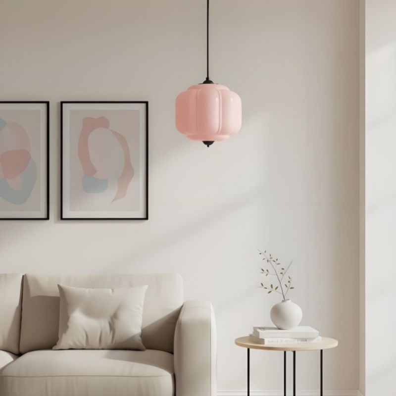 Suspension vintage Eloise – Lampe en verre laiteux côtelé pour salle à manger
