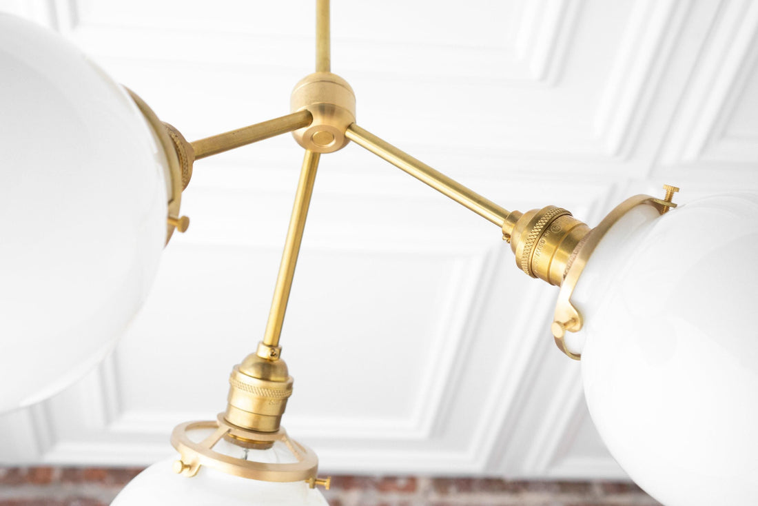 Glorica Glass Chandelier - Brass Globe Ceiling Light with Opal Shade