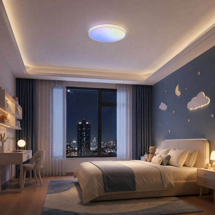 Round ceiling light installed above a calm bedroom