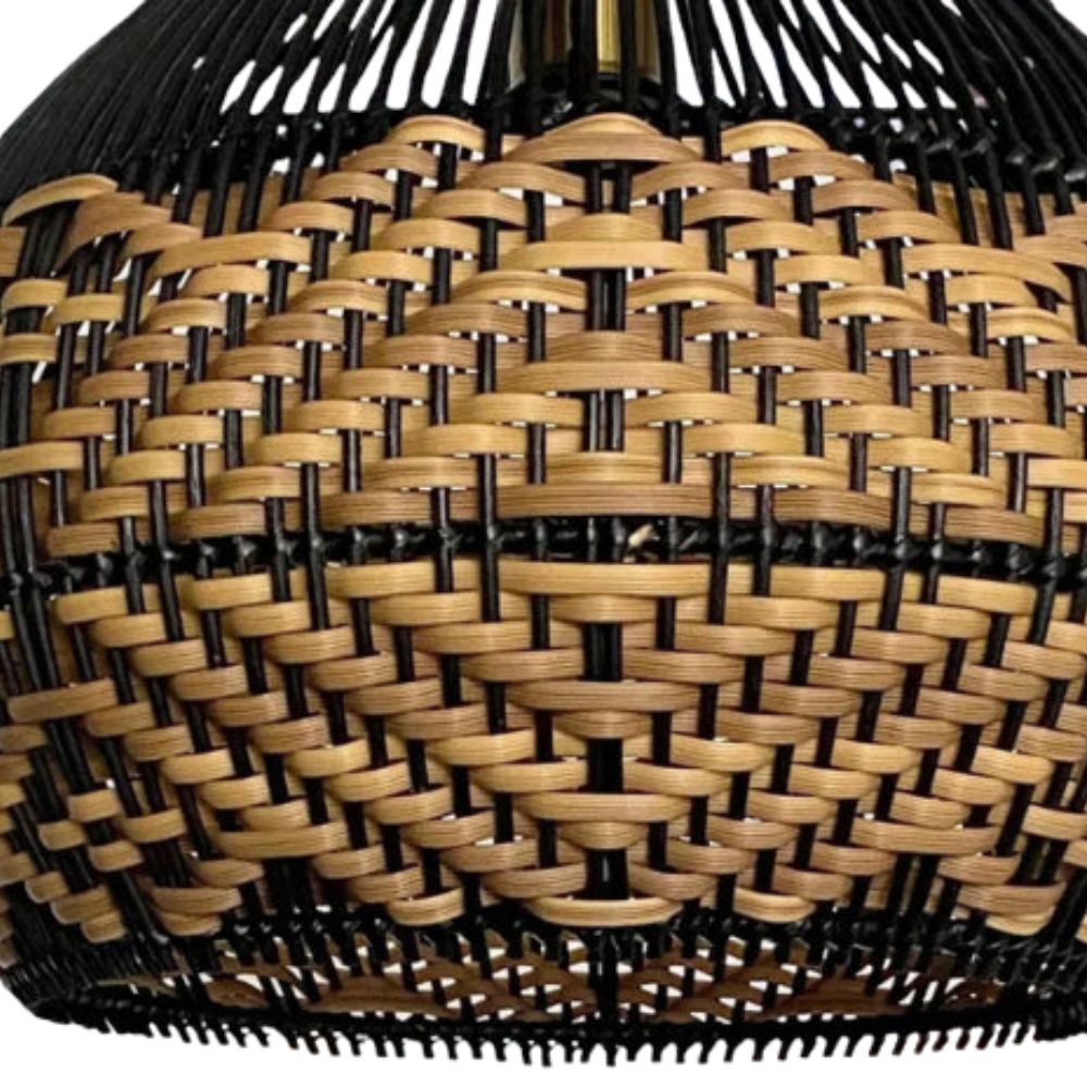Natural Woven Rattan Pendant Light - Boho Black Dome Shade for Patio