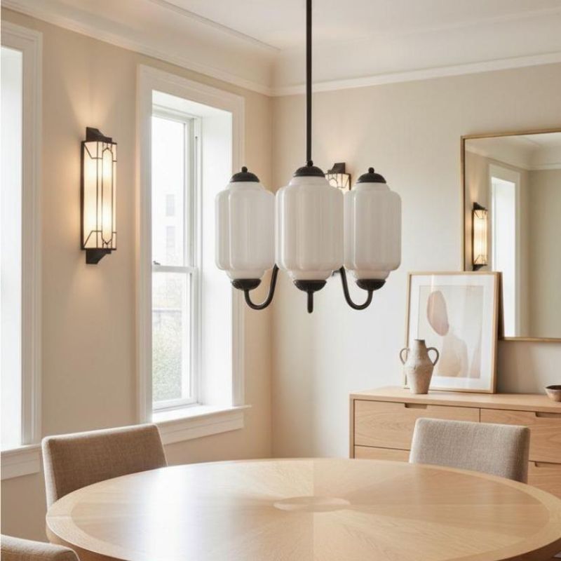 Eloise Vintage 3 Light Chandelier - Milk Glass Lamp for Dining Room