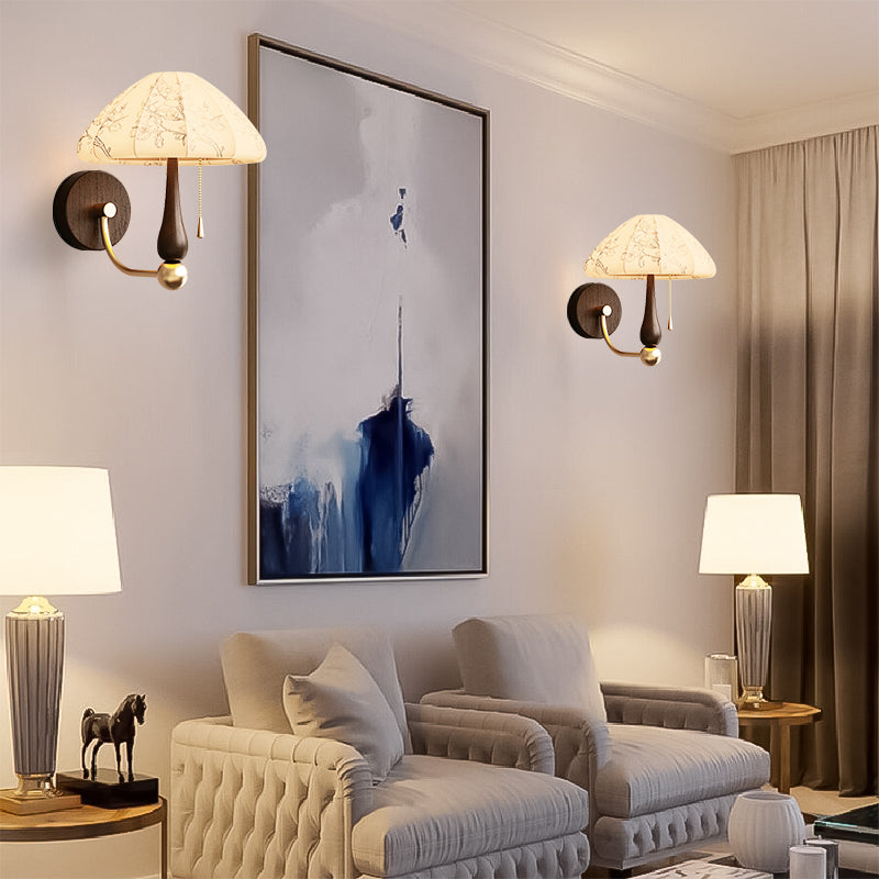 Retro Fabric Pattern Mushroom Wall Lamp With Foliaged Silk For Study