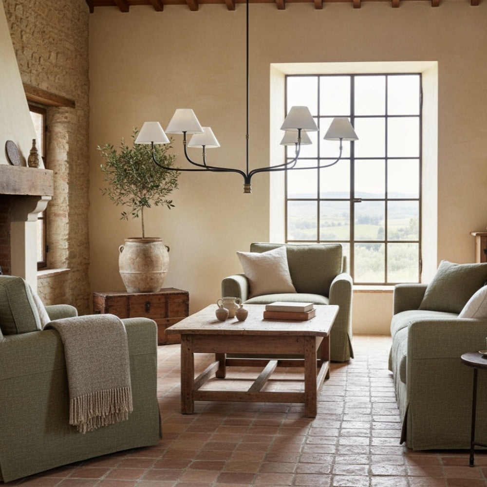 Calin Linen Shade Chandelier - Bronze Iron Round Lamp for Living Room