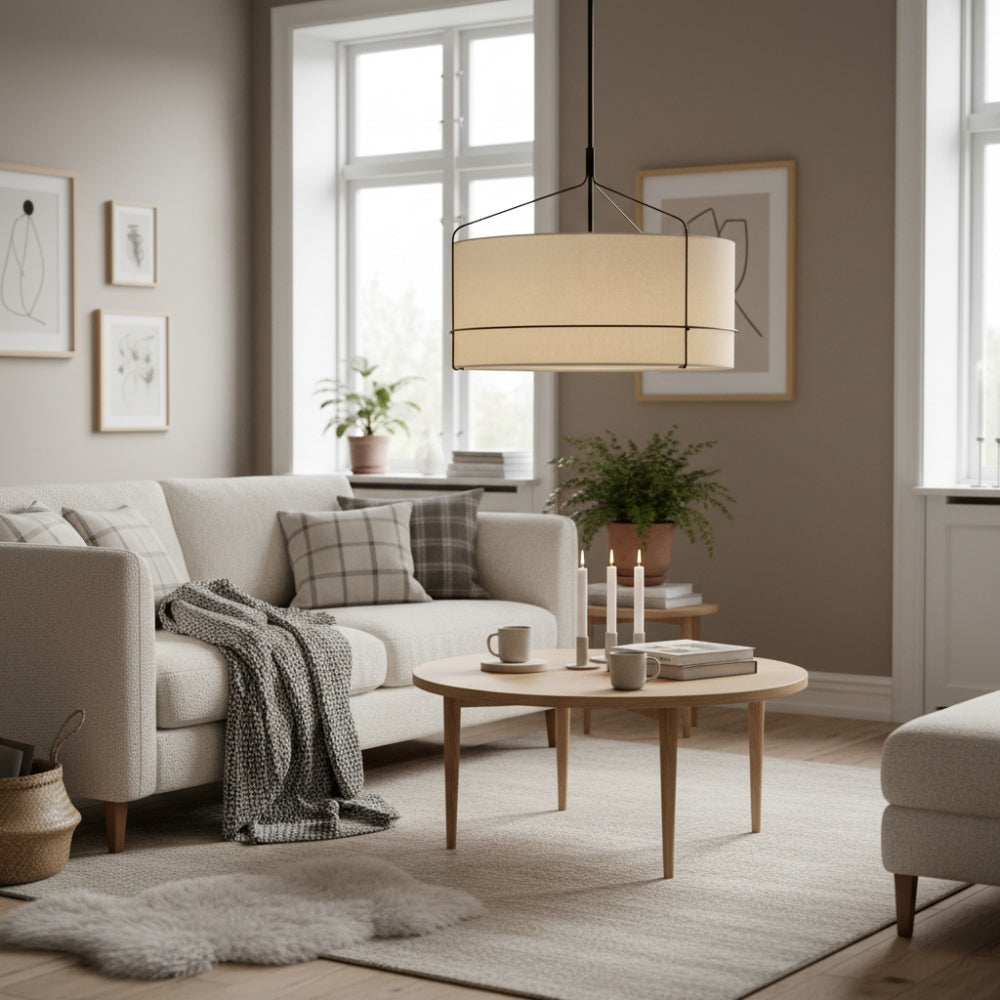 Horelia Linen Drum Pendant Light - Industrial Metal Light for Bedroom