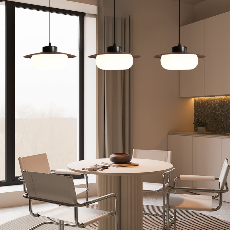 Artistic Walnut UFO Shape Pendant Light With Artisanal Mystified Disc For Restaurant