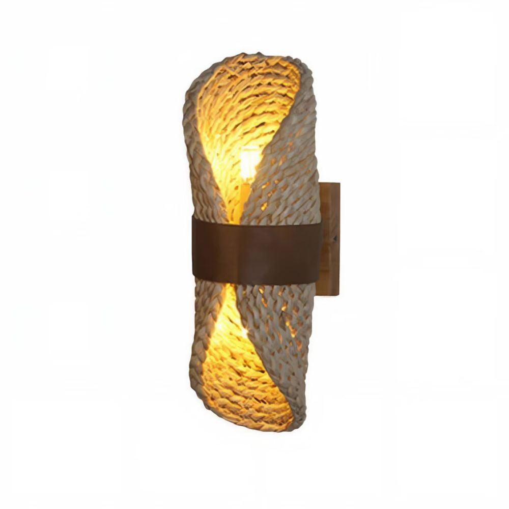 Natural Straw Woven Wall Lamp - Curved Leather Sconce for Bedroom