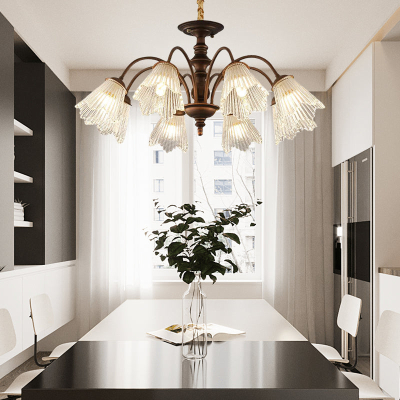 Medieval Style Multi-head Metal Chandelier With Foliaged Glass For Living Room