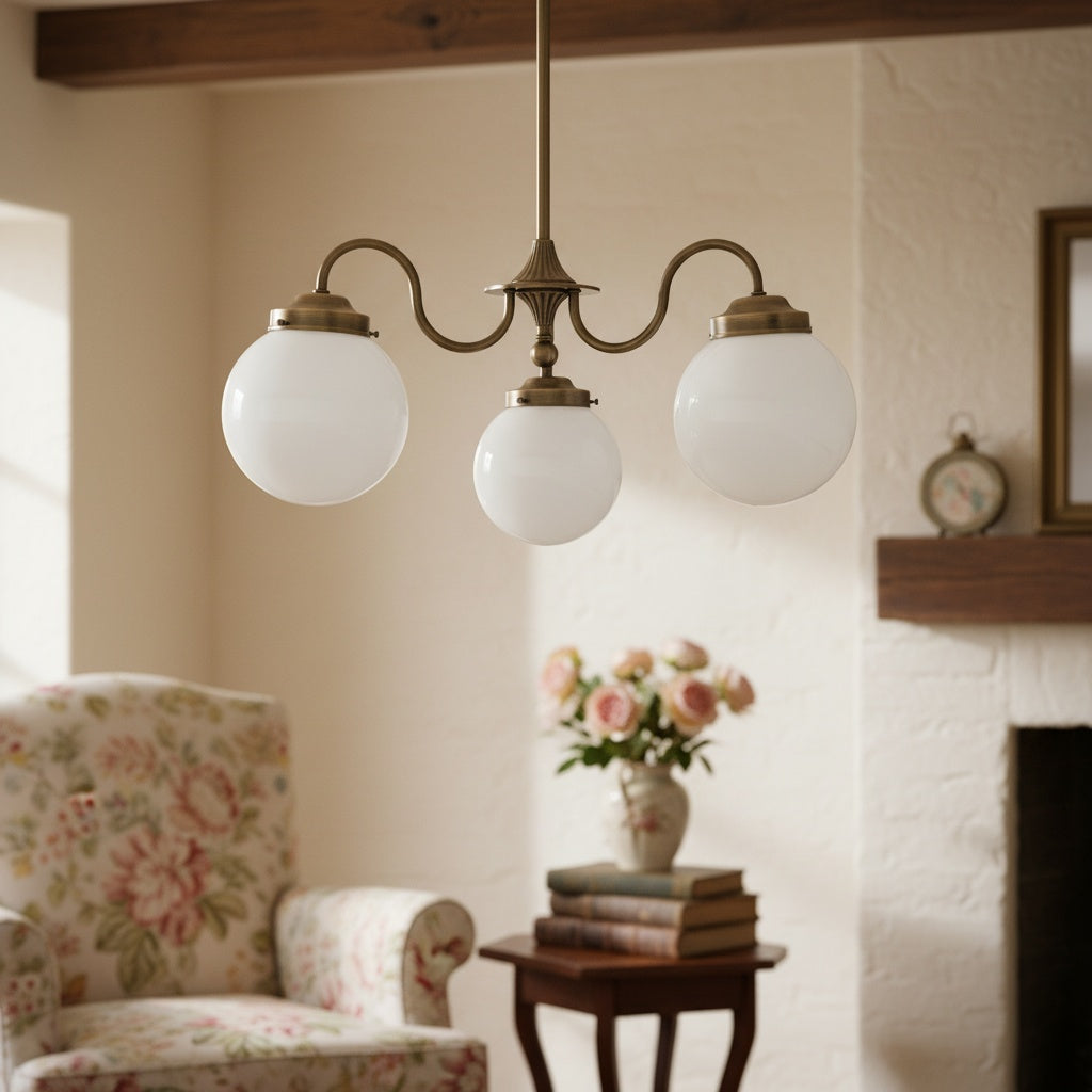 Glorica Glass Vintage Globe Chandelier - Brass 3-Light Frosted Glass Hanging Fixture