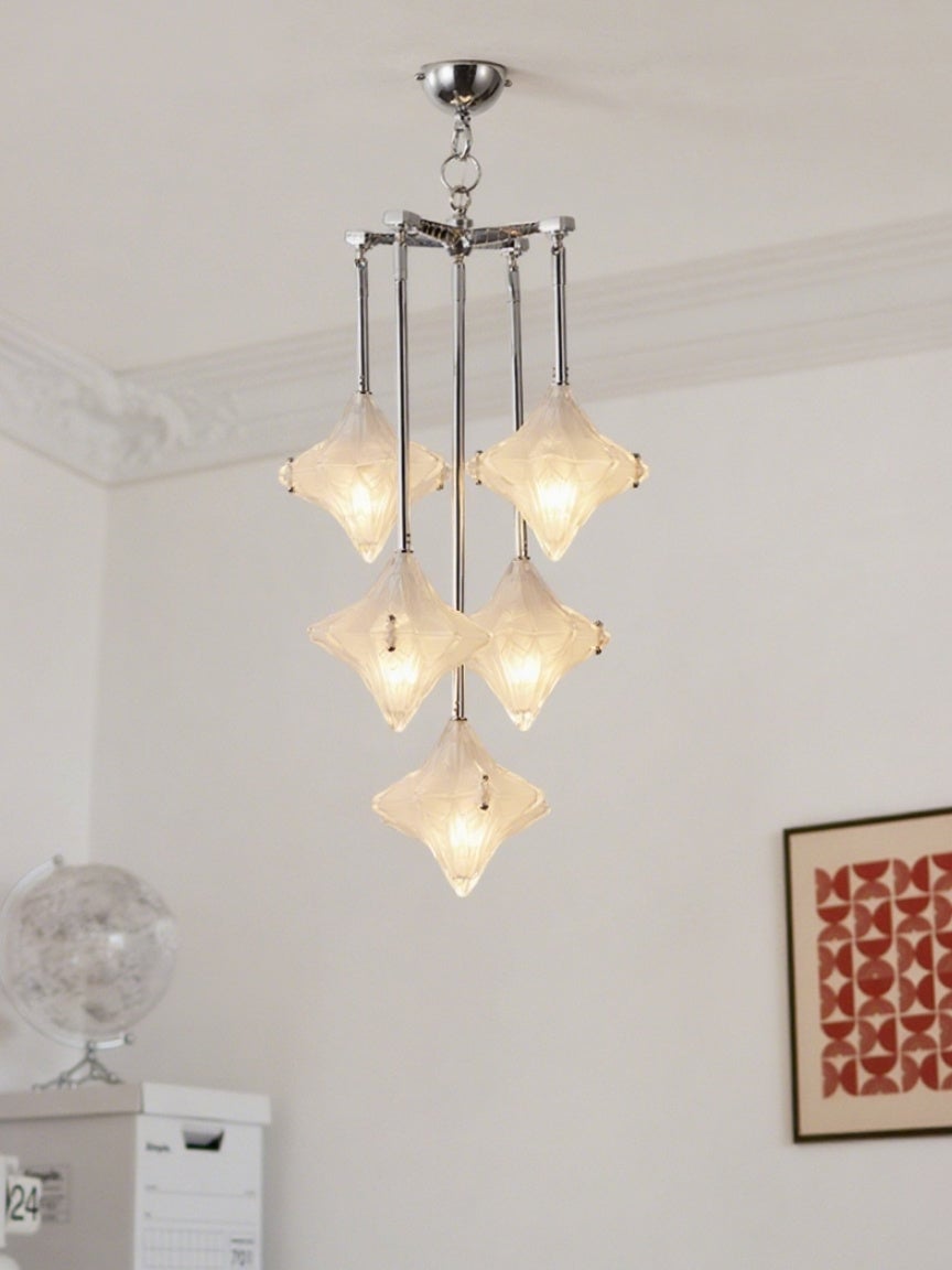 Art Deco Astris Star Chandelier -Frosted Glass Deco Fixture for Dining Room