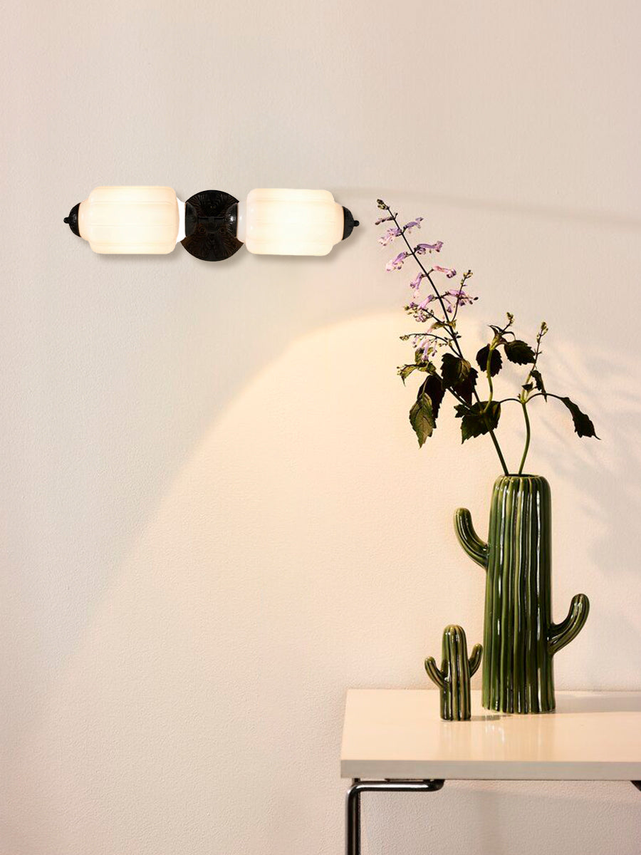 Applique murale lanterne en verre vintage américaine avec détails en métal noir
