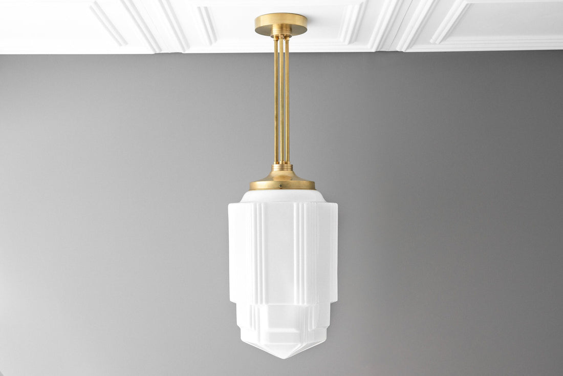 Geotower Glass Brass Pendant – Opal Globe Art Deco Hanging Light
