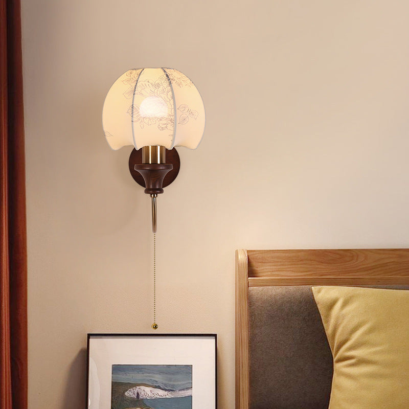French Fabric Patterned Buds Shape Wall Lamp With Classic Castellated Lantern For Corridor