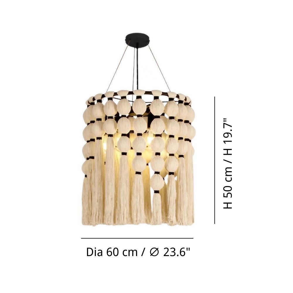 White Tassel Chandelier - Boho Fringe Cotton Lighting for Living Room