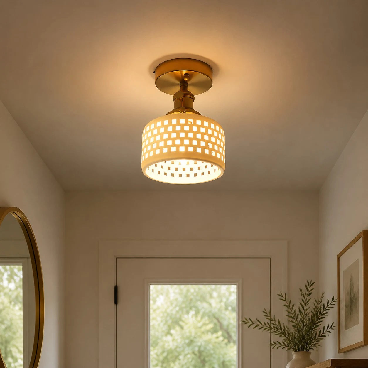Grid ceramic ceiling light mounted in an entryway