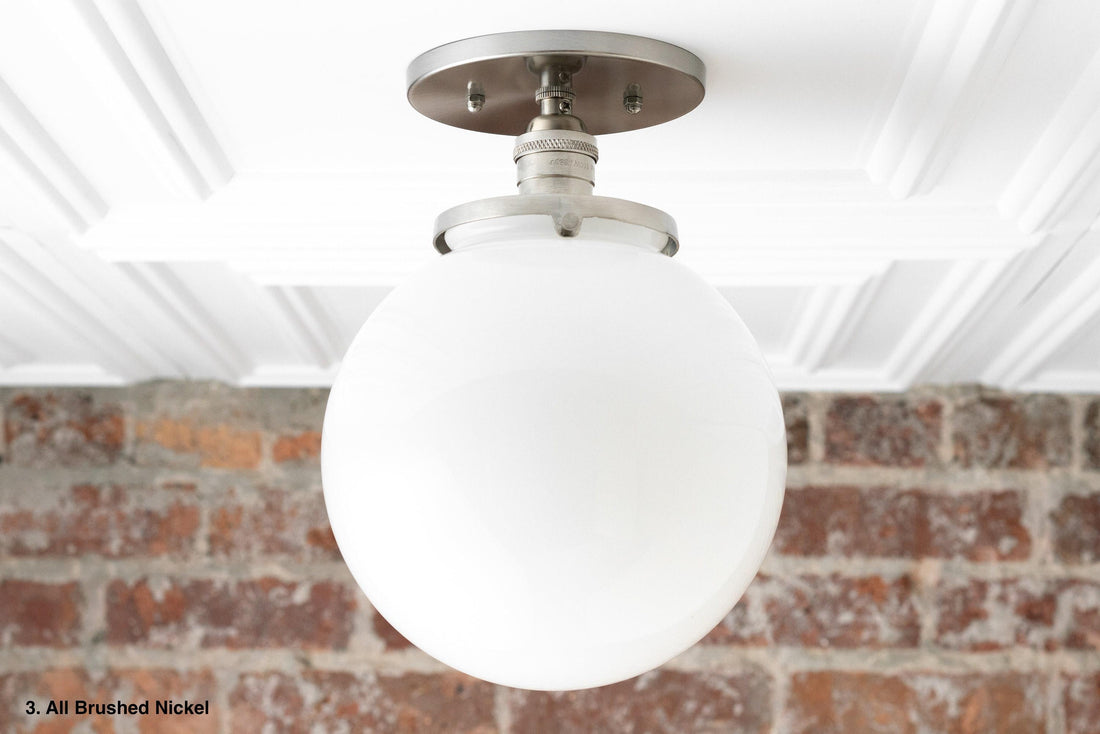 Glorica Glass Mid Century Semi Flush Ceiling Light - White Opal Glass Globe Fixture