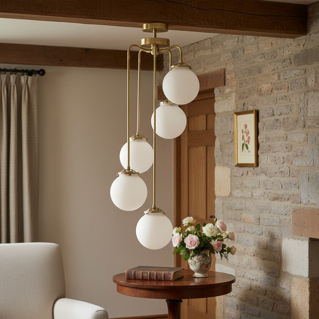 Glorica Glass 5 Globe Chandelier - Brass and Opal Glass Vintage Pendant Light