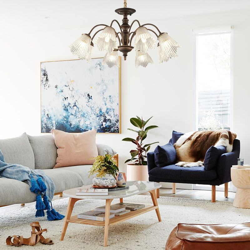 Medieval Style Multi-head Metal Chandelier With Foliaged Glass For Living Room