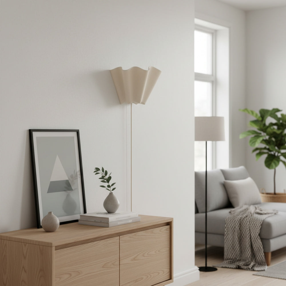 Oslan Scalloped Ivory Linen Wall Light - Modern Plug-In Bedroom Sconce