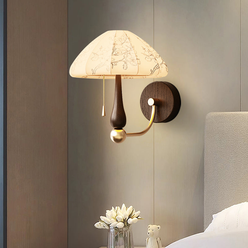 Retro Fabric Pattern Mushroom Wall Lamp With Foliaged Silk For Study