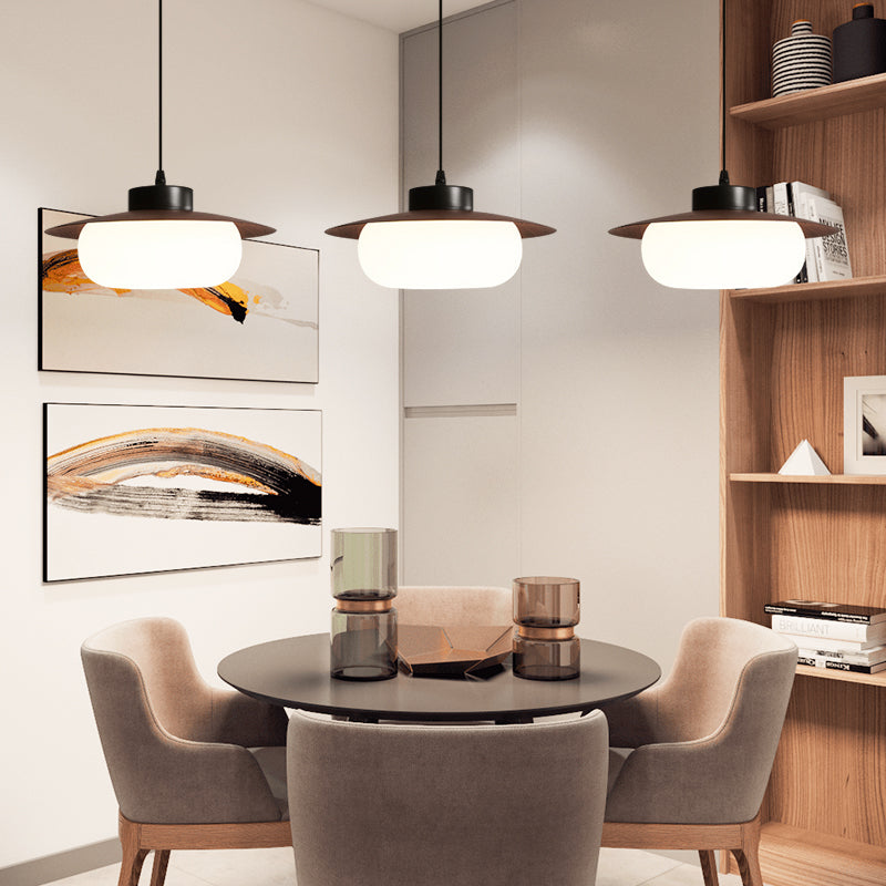 Artistic Walnut UFO Shape Pendant Light With Artisanal Mystified Disc For Restaurant