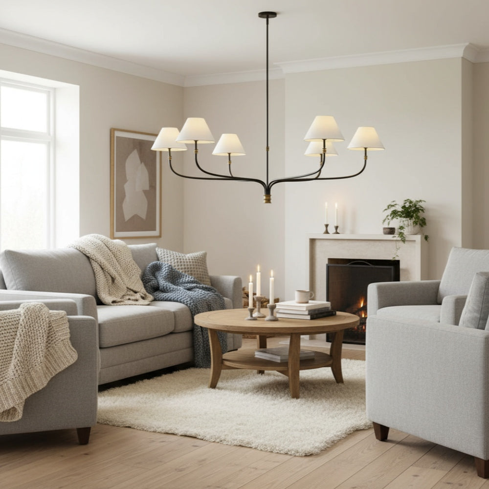 Calin Linen Shade Chandelier - Bronze Iron Round Lamp for Living Room