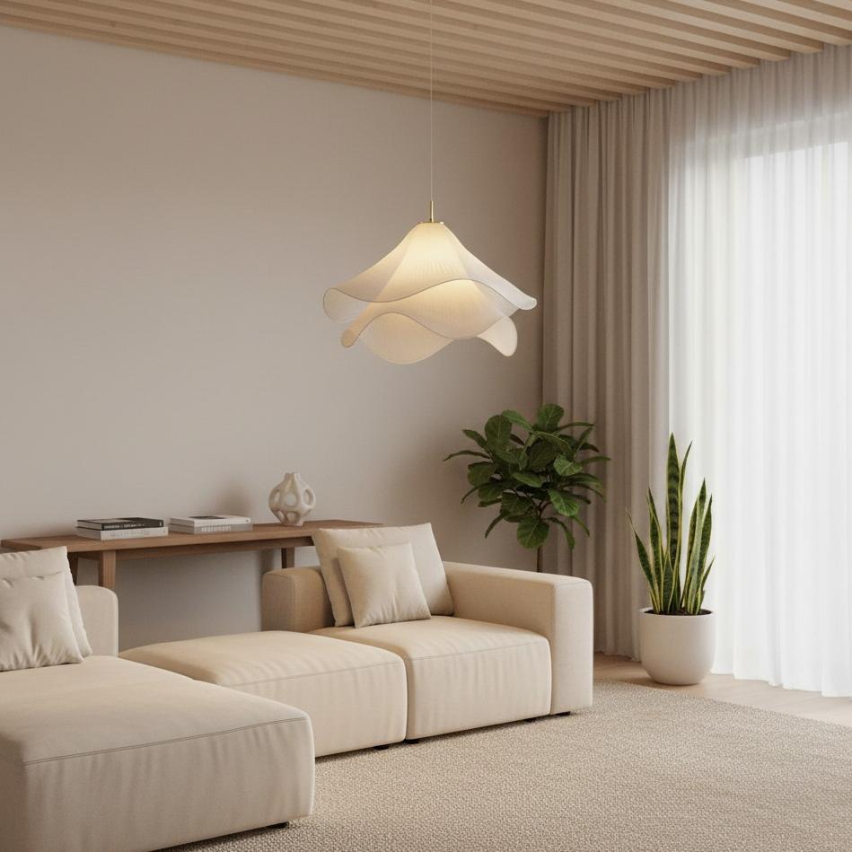 Ethereal Pleated Fabric Bloom Pendant Lamp - French Floral Design Fixture