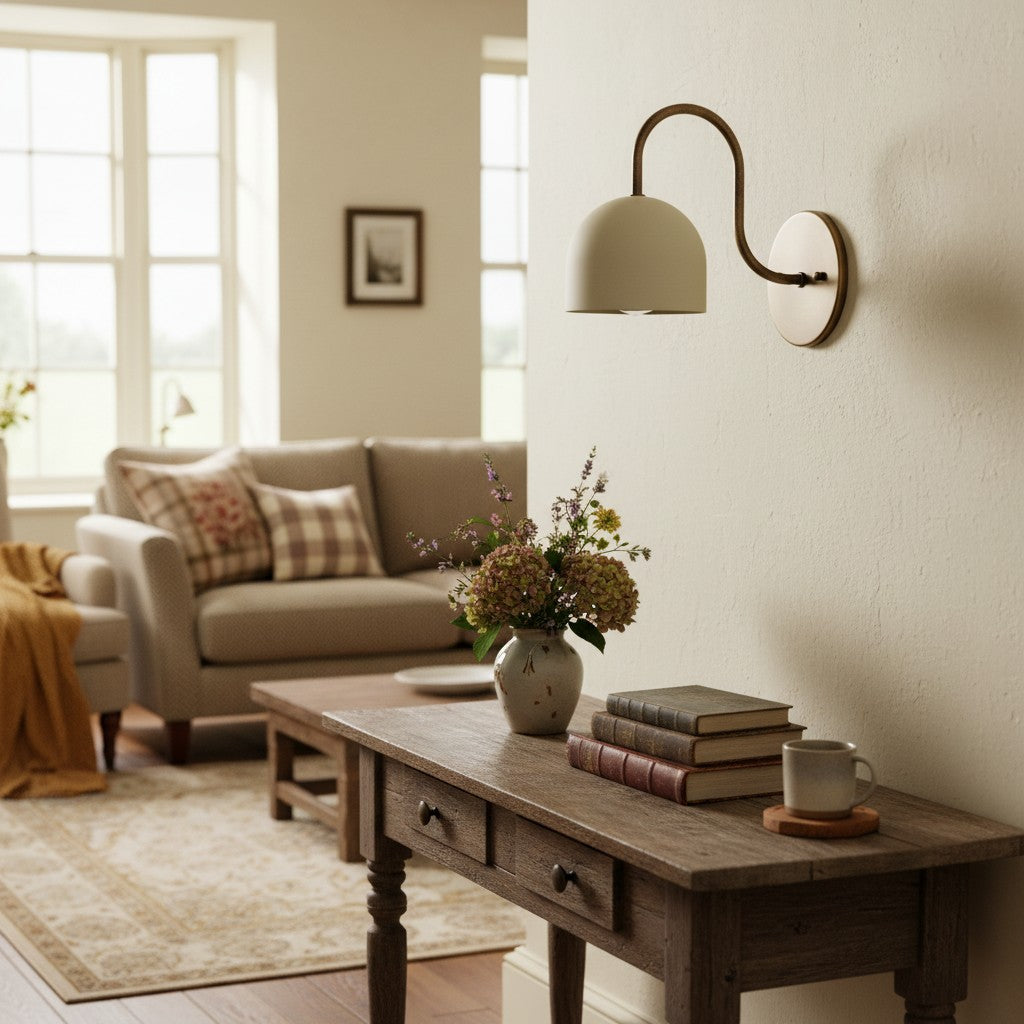 Curva Metal  Industrial Wall Sconce - Curved Brass Arm - Hammered Dome Light Fixture