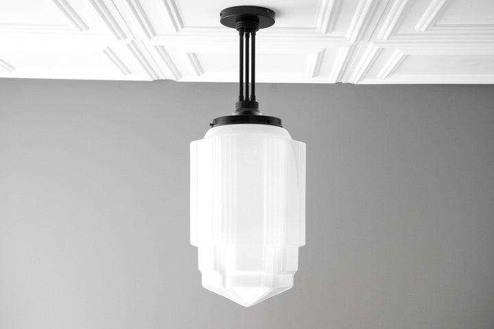 Geotower Glass Brass Pendant – Opal Globe Art Deco Hanging Light