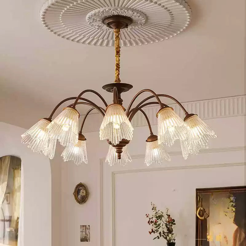 Medieval Style Multi-head Metal Chandelier With Foliaged Glass For Living Room