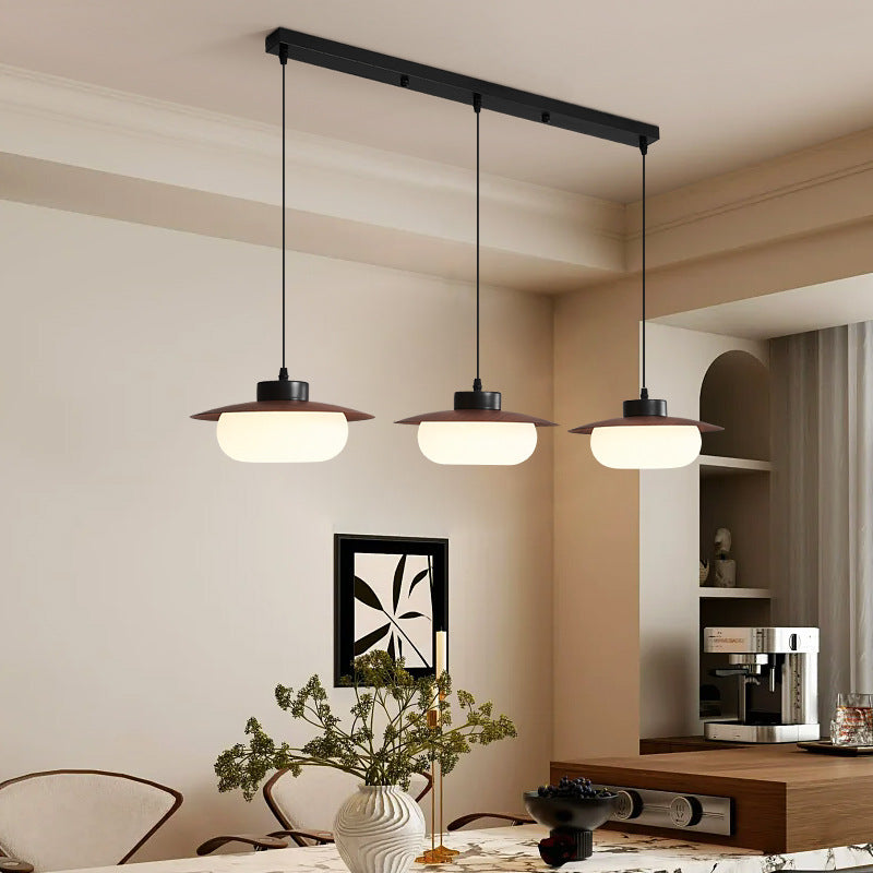 Artistic Walnut UFO Shape Pendant Light With Artisanal Mystified Disc For Restaurant