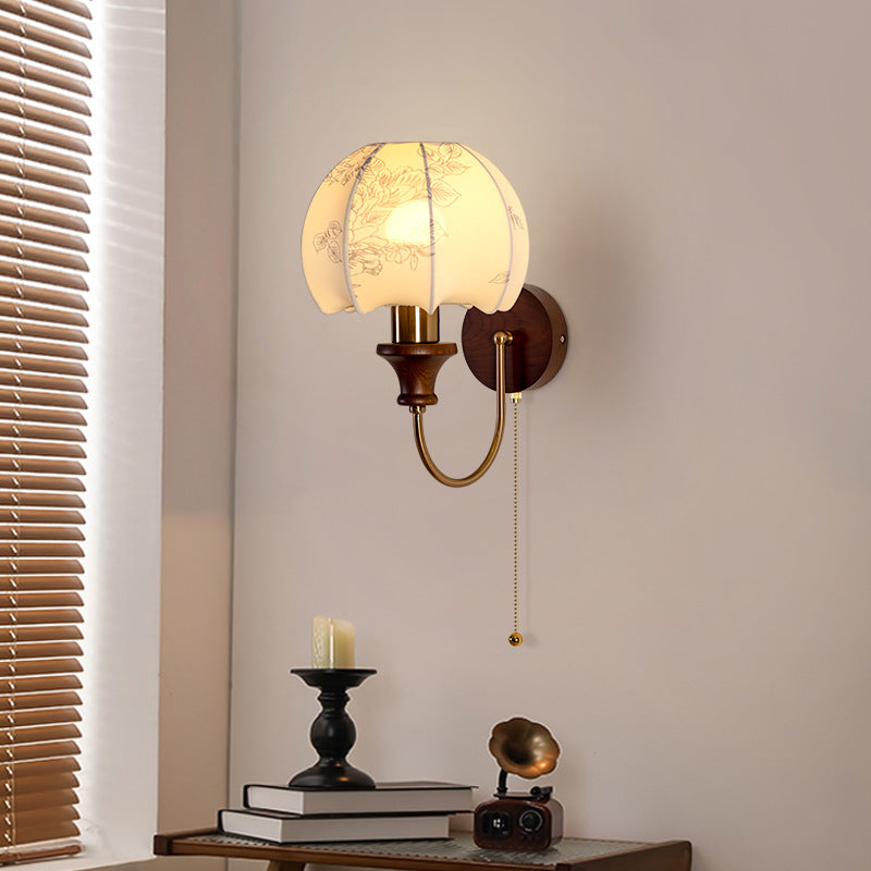 French Fabric Patterned Buds Shape Wall Lamp With Classic Castellated Lantern For Corridor