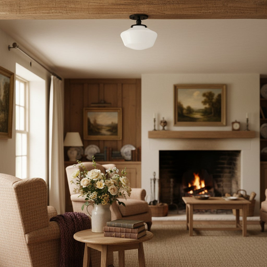 Geotower Glass Brass Ceiling Light - Opal Glass Schoolhouse Shade - Modern Elegance