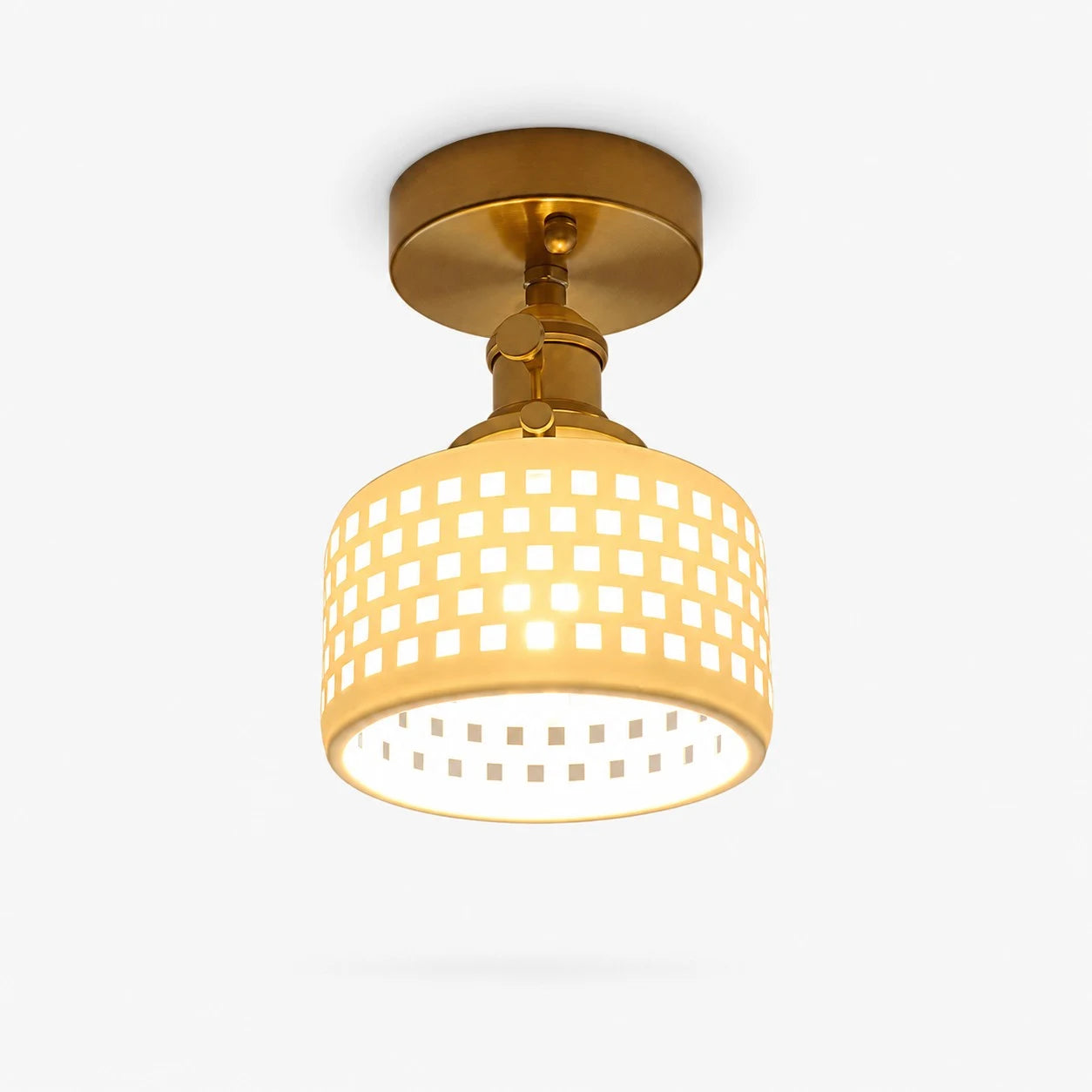 Flush mount grid ceramic ceiling light with brass canopy