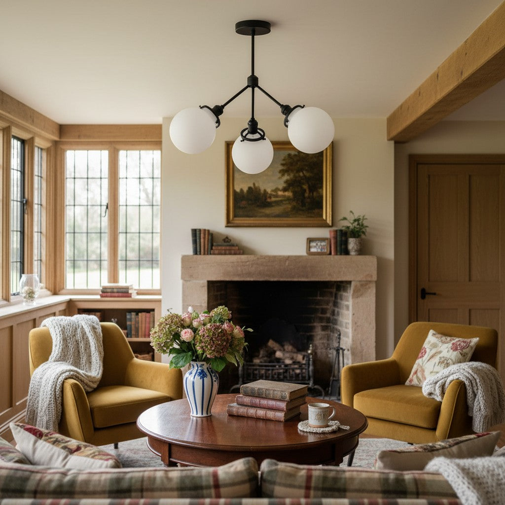 Glorica Glass Chandelier - Brass Globe Ceiling Light with Opal Shade