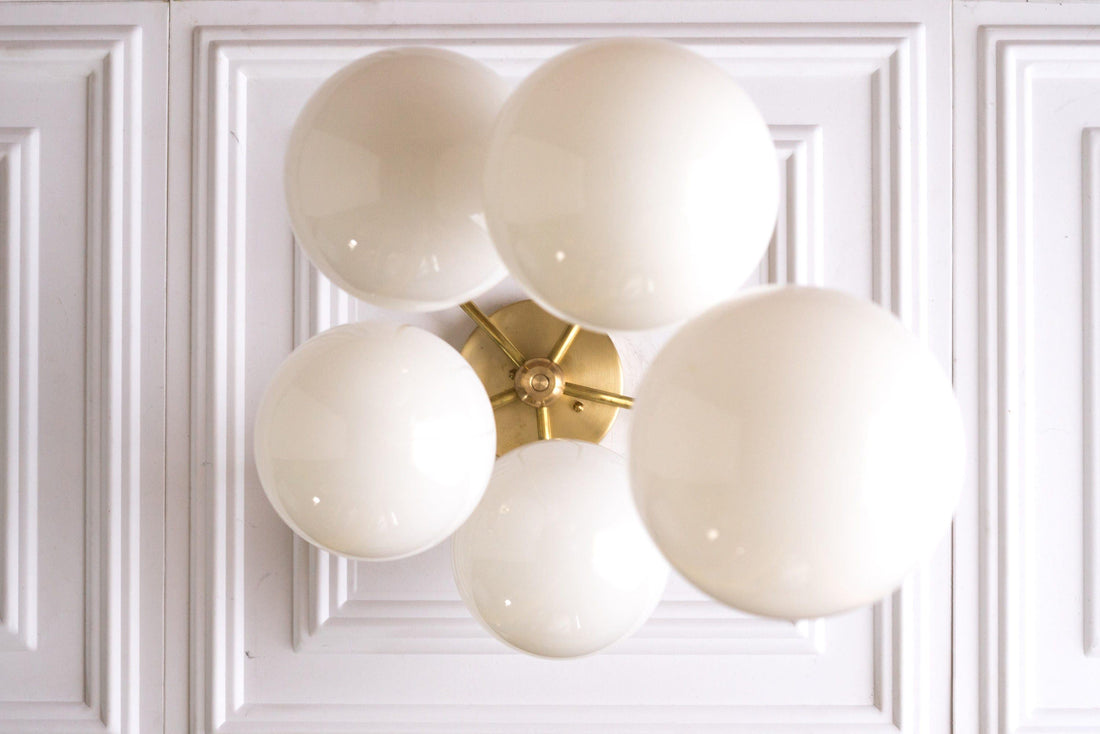 Glorica Glass 5 Globe Chandelier - Brass and Opal Glass Vintage Pendant Light