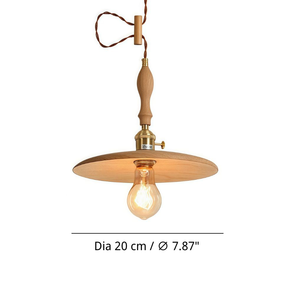 Wood Round Pendant Light - Retro Disc Design with Handle for Farmhouse