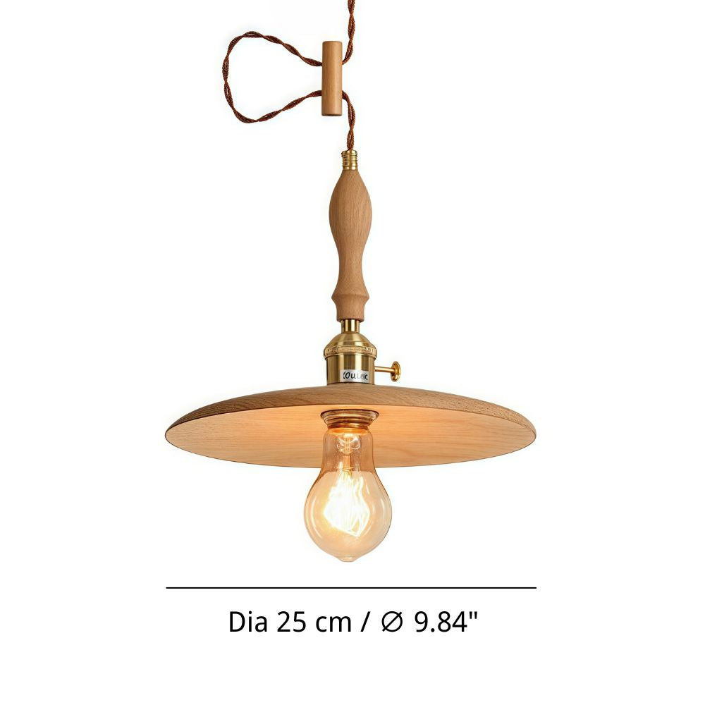 Wood Round Pendant Light - Retro Disc Design with Handle for Farmhouse