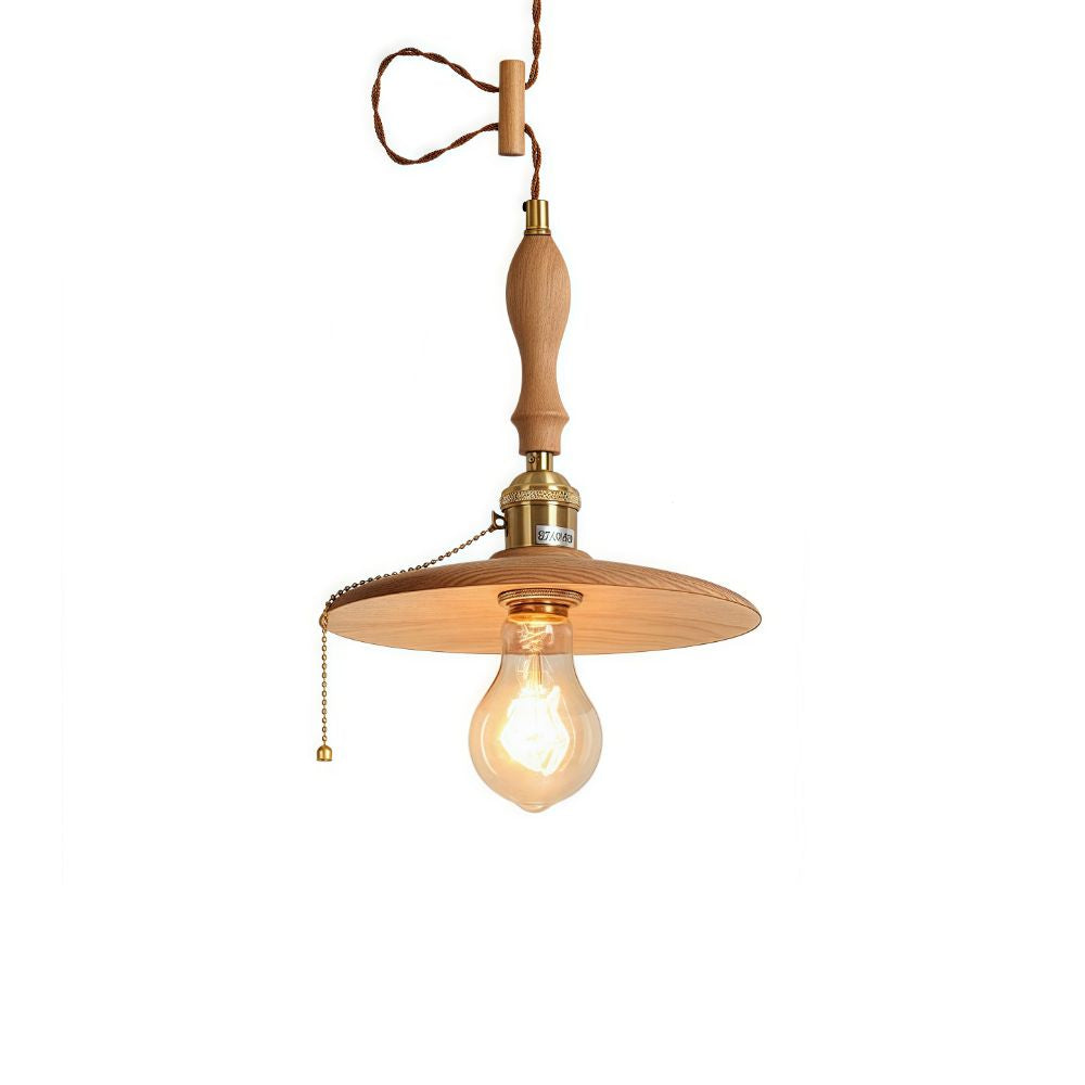 Wood Round Pendant Light - Retro Disc Design with Handle for Farmhouse