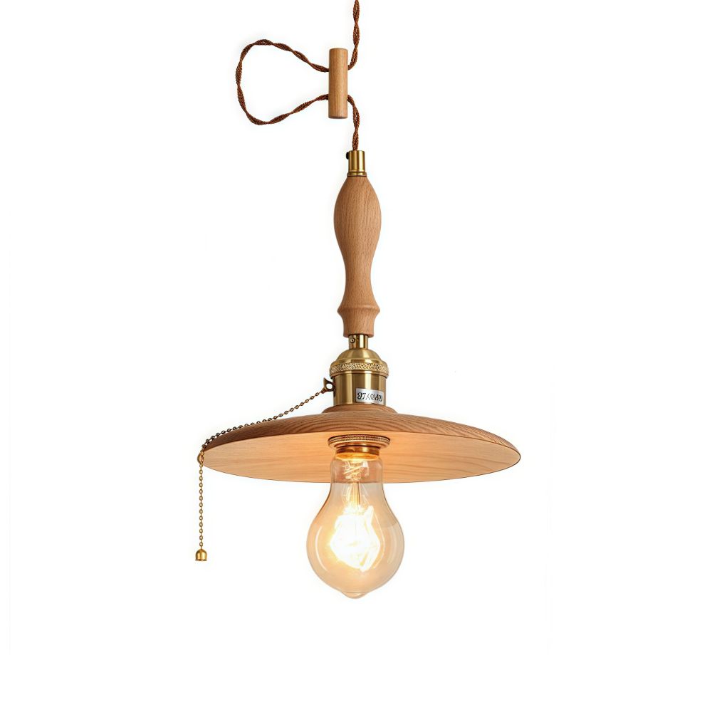 Wood Round Pendant Light - Retro Disc Design with Handle for Farmhouse