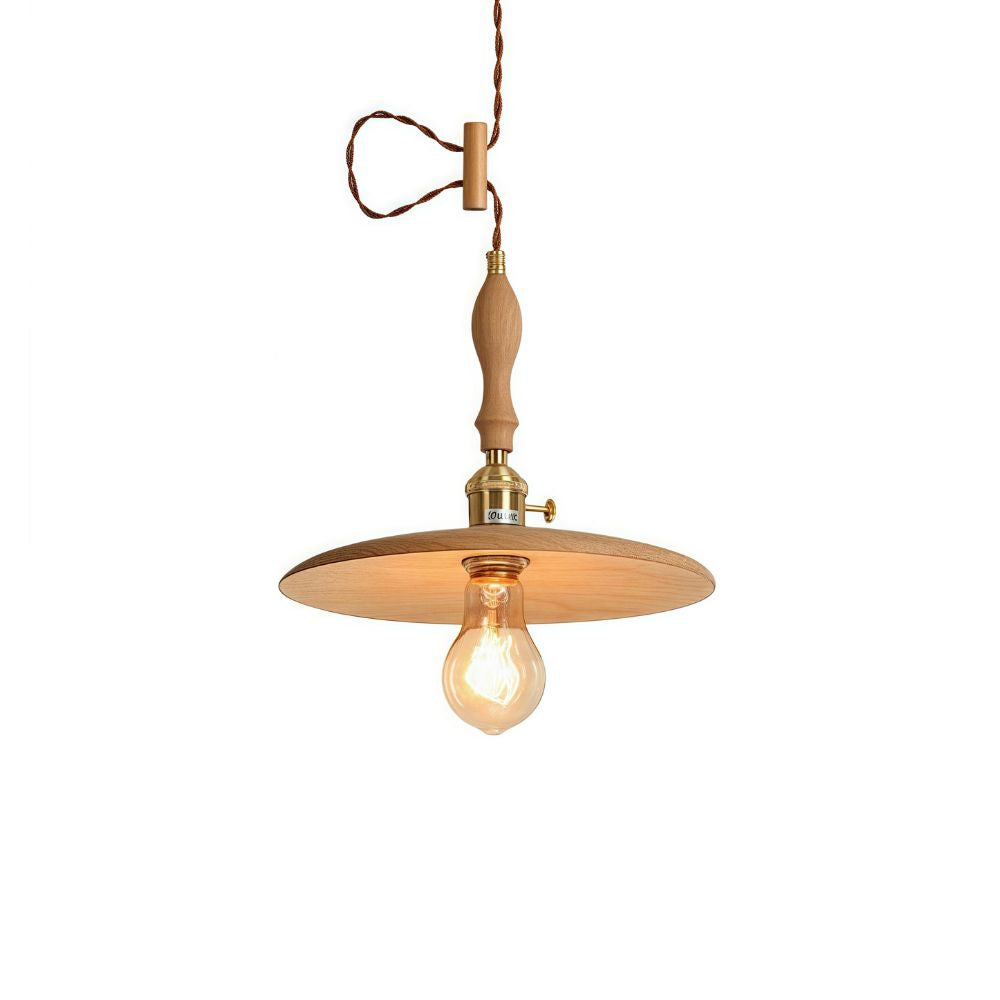 Wood Round Pendant Light - Retro Disc Design with Handle for Farmhouse